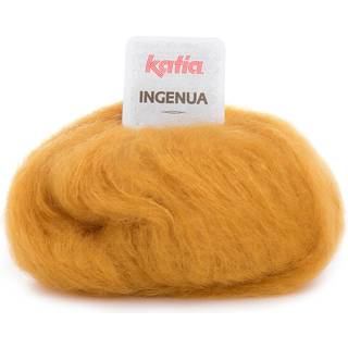 Katia Ingenua 16 Okker Indhold:78% mohair, 13% polyamid, 9% merinould Vægt/længde:50 g = 140 meter Anbefalede pinde:5-5.5mm Strikkefasthed:10 cm x 10 cm = 16 m x 20 r Vask:Finvask 30º / Tåler ikke tørretumbling.