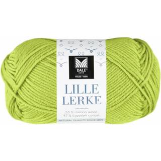 Dale LERKE 8175 Pæregrøn Indhold: 53% merinould, 47% egyptisk bomuld Vægt/længde: 50 g = ca 115 meter Anbefalede pinde: 4 mm Strikkefasthed: 10 cm = 22 m Vask: Uldvask 30 °C / Brug vaskemiddel til uld/silke / Brug ikke skyllemiddel / Tørres fladt.