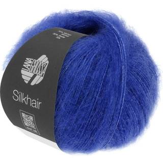 Lana Grossa Silkhair 205 Blækblå Indhold: 70% mohair, 30% silke Vægt/Længde: 25 g = ca. 210 meter Anbefalede pinde: 4.50-5.00 mm Strikkefasthed: 10 x 10 cm = 22 m x 27 p Vask:Håndvask / Tørres fladt.