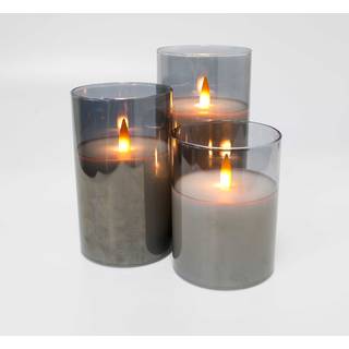 LED Bloklys sæt i røgfarvet glas Ø7,5cm, 3 stk, flammeeffekt - Inkl. fjernbetjening og timer, 10/12,5/15cm høj, ægte stearin