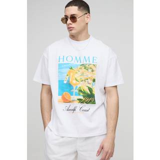 Mens White Oversized Extended Neck Homme Amalfi Coast Landscape T-Shirt