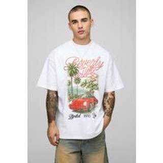 Mens White Oversized Extended Neck Palm Moto Printed T-Shirt
