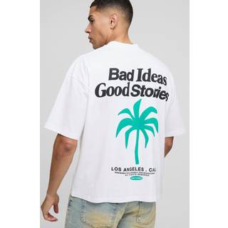 Mens White Oversized Boxy Extended Neck Palm Slogan T-Shirt