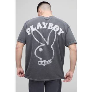 Mens Charcoal Oversized Playboy Heart License Washed Printed T-Shirt