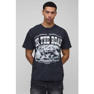 Mens Black Oversized Willie Nelson On The Road Again Lyrics Washed License Printed T-Shirt