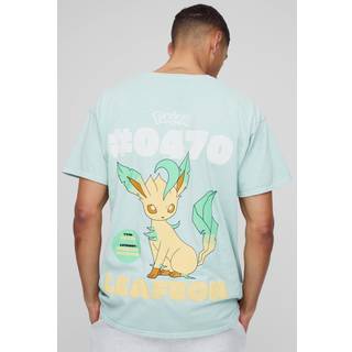 Mens Sage Oversized Leafeon Pokemon Graphic License Washed T-Shirt