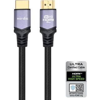 NÖRDIC CERTIFIED CABLES 1,5m Ultra High Speed HDMI 2.1 8K 60Hz 4K 120Hz 48Gbps Dynamic HDR eARC Game Mode VRR Dolby ATMOS Nylonflettet guldbelagt