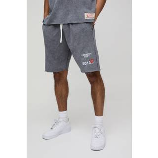 Mens Charcoal Relaxed Fit Print Short Length Washed Shorts