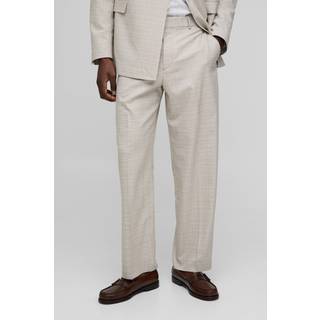 Mens Stone Wide Leg Fixed Waistband Check Suit Trouser