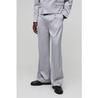 Mens Grey Wide Leg Pleat Front Satin Tailored Trouser