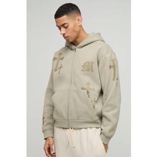 Mens Taupe Oversized Boxy Gothic M Cross Print Zip Through Hoodie