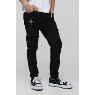 Mens Black Skinny Paint Splatter Carpenter Star Applique Jeans