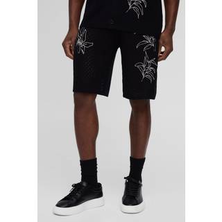 Mens Black_White Relaxed Fit Embroidered Crochet Look Knitted Short