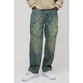 Mens Green Relaxed Rigid Panelled Tinted Denim Jeans