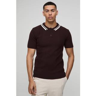 Mens Chocolate Muscle Fit Textured Tonal Vertical Stripe Button Neck Knitted Polo