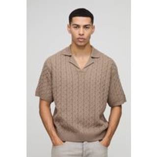 Mens Taupe Oversized Boxy Revere Collar Cable Knitted Polo