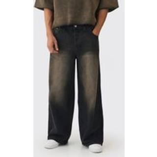 Mens Brown Elasticated Waist Extreme Baggy Rigid Tinted Wash Jeans