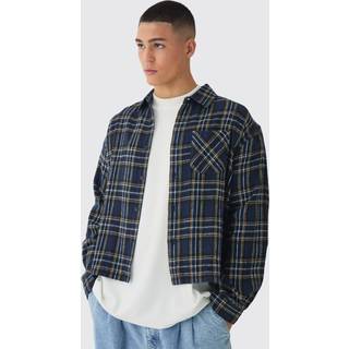 Mens Navy Oversized Boxy Long Sleeve Check Shirt