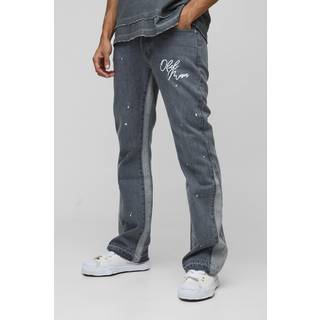 Mens Mid Grey Slim Rigid Flare Embroidery Paint Splatter Gusset Denim Jeans
