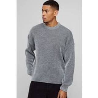 Mens Black Boxy Crew Neck Dropped Shoulder Plated Ribbed Knit Jumper