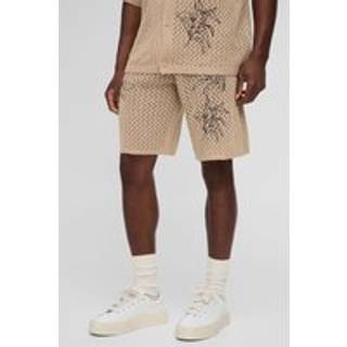 Mens Brown Relaxed Fit Embroidered Crochet Look Knitted Short