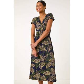 Roman Roman Blue Leaf Print Midi Wrap Dress