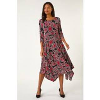 Roman Roman Red Leaf Print Hanky Hem Stretch Midi Dress