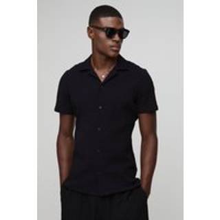 Mens Black Slim Fit Seersucker Crinkle Shirt