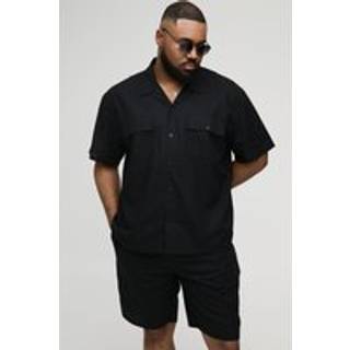 Mens Black Plus Oversized Short Sleeve Linen Cargo Shirt & Short Set