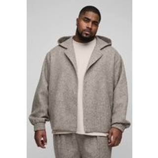 Mens Taupe Plus Oversized Boucle Hooded Button Up Overshirt