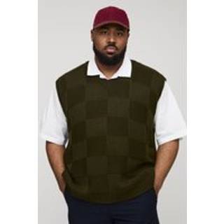 Mens Green Plus Check Knit Oversized V Neck vest