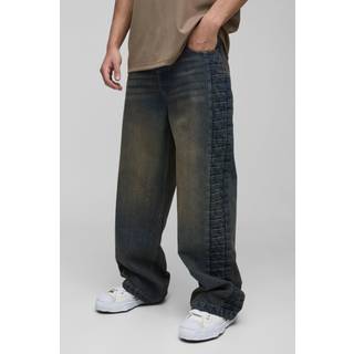 Mens Antique Wash Wide Leg Rigid Pleated Panel Denim Jeans