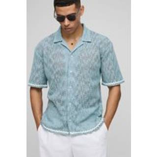 Mens Bright Blue Oversized Dropped Revere Heavyweight Open Weave Shirt