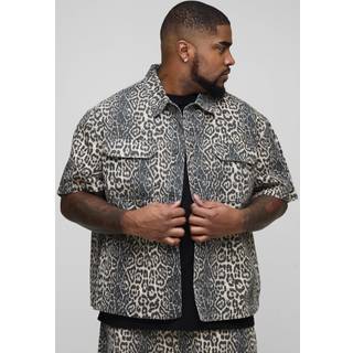 Mens Tan Plus Wash Leopard Boxy Fit Denim Shirt
