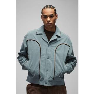 Mens Blue Boxy Faux Suede Western Piped Lapel Harrington Jacket