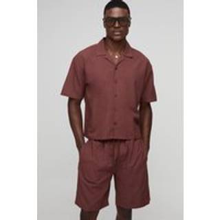 Mens Chocolate Oversized Boxy Revere Linen Blend Shirt & Short Set
