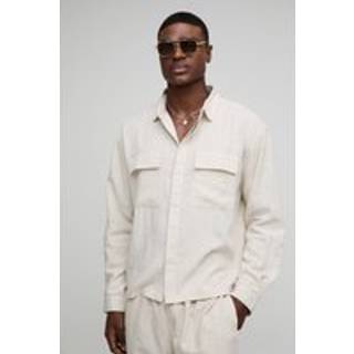 Mens Natural Heavyweight Linen Blend Regular Concealed Placket Cargo Overshirt