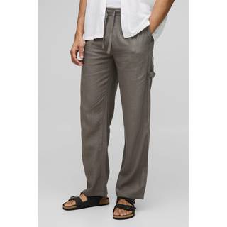 Mens Mocha Half & Half Waistband Relaxed Fit Carpenter Linen Blend Trousers