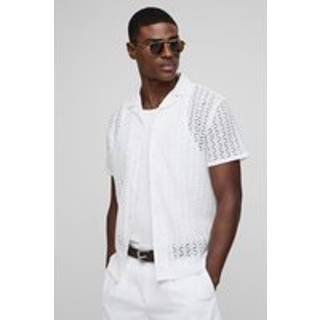 Mens White Regular Geo Open Weave Shirt