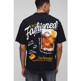 Mens Black Oversized Extended Neck Old Fashioned Drink Washed T-Shirt