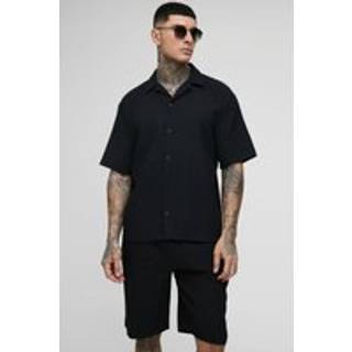 Mens Black Tall Pleated Oversized Shirt & Short Set