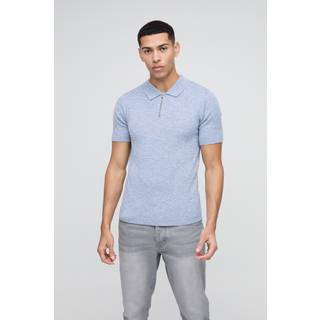 Mens Blue Muscle Fit Zip Neck Colour Twist Knitted Polo