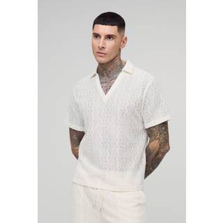 Mens Ecru Tall Zig Zag Crochet Polo Shirt