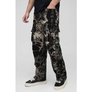 Mens Black Relaxed Acid Wash 3D Cargo Trousers