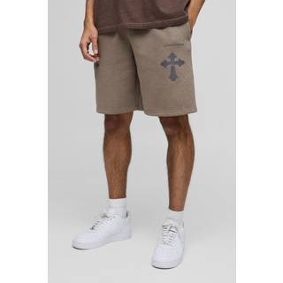 Mens Charcoal Baggy Limited Edition Cross Print Short