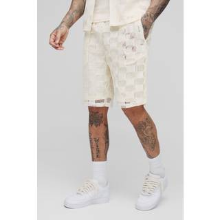 Mens Stone Tall Check Open Stitch Relaxed Fit Shorts