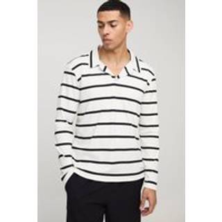 Mens White Regular Fit Long Sleeve Rib Stripe Revere Polo