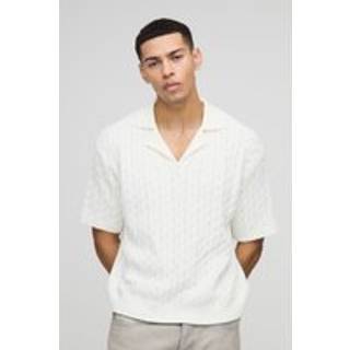 Mens White Oversized Boxy Revere Collar Cable Knitted Polo