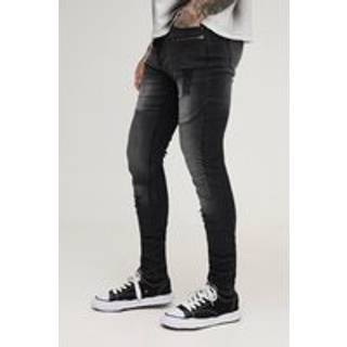 Mens Washed Black Tall Washed Zip Biker Distressed Stacked Skinny Jeans