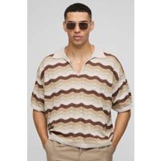 Mens Stone Oversized Boxy Crochet Look Stripe Knitted Polo